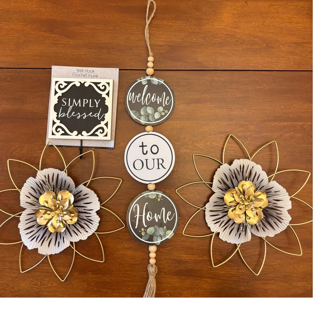 Greenbrier‎ Farmhouse Wall Decor Set 4pc Gold Metal Flowers Welcome Sign Hook EX